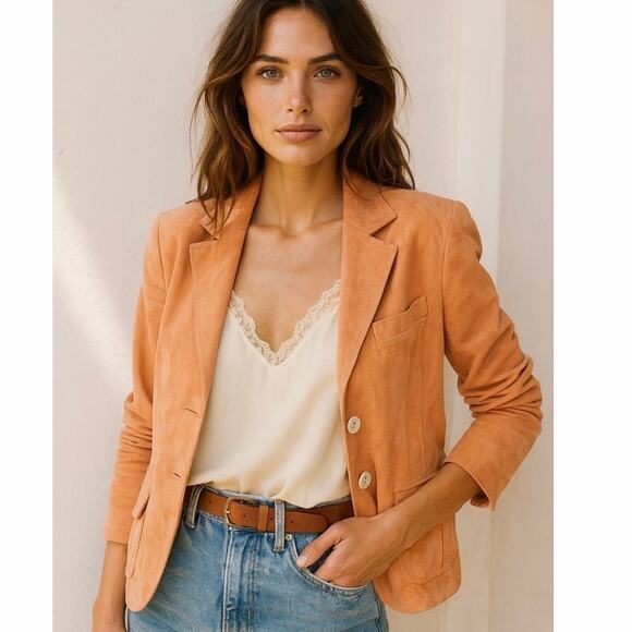 Vintage Y2K Anne Taylor Peach Orange Genuine Suede Fitted Jacket Large - Picture 1 of 12